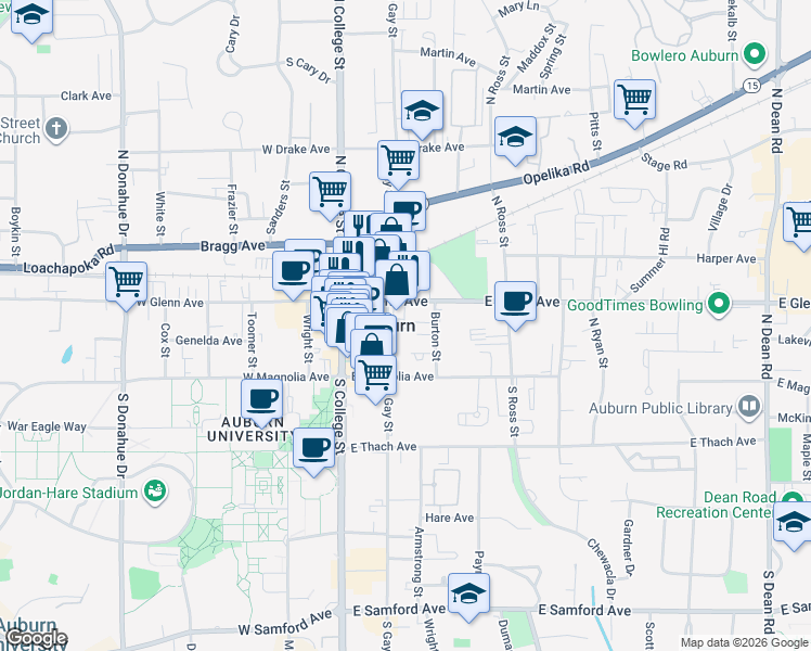 map of restaurants, bars, coffee shops, grocery stores, and more near 230 East Glenn Avenue in Auburn