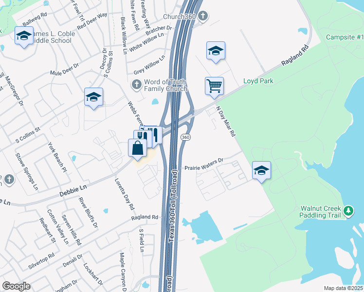 map of restaurants, bars, coffee shops, grocery stores, and more near Texas 360 in Mansfield