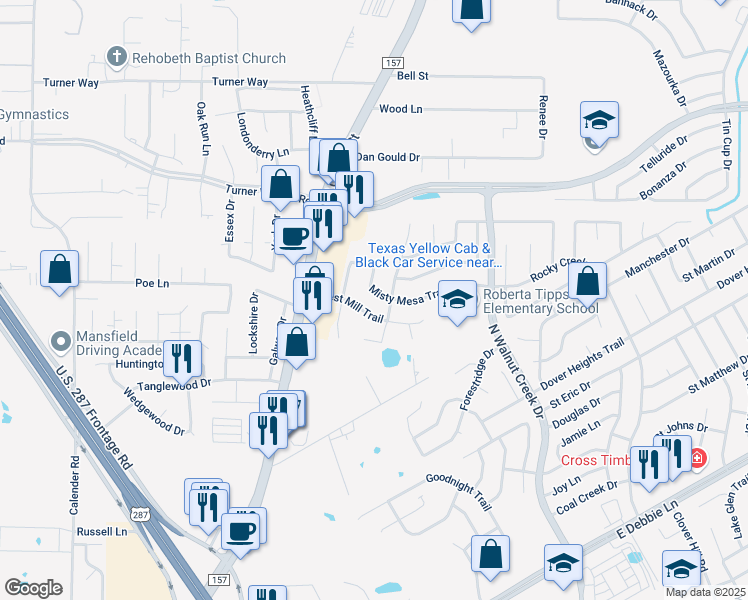 map of restaurants, bars, coffee shops, grocery stores, and more near 94 Misty Mesa Trail in Mansfield