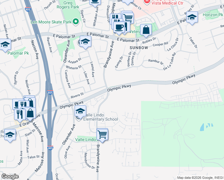 map of restaurants, bars, coffee shops, grocery stores, and more near 1540 Concord Way in Chula Vista