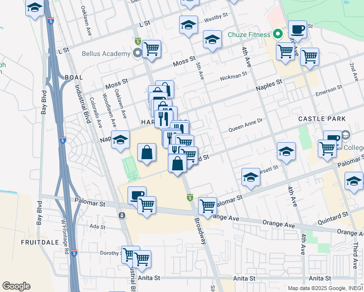 map of restaurants, bars, coffee shops, grocery stores, and more near 1177 Broadway in Chula Vista