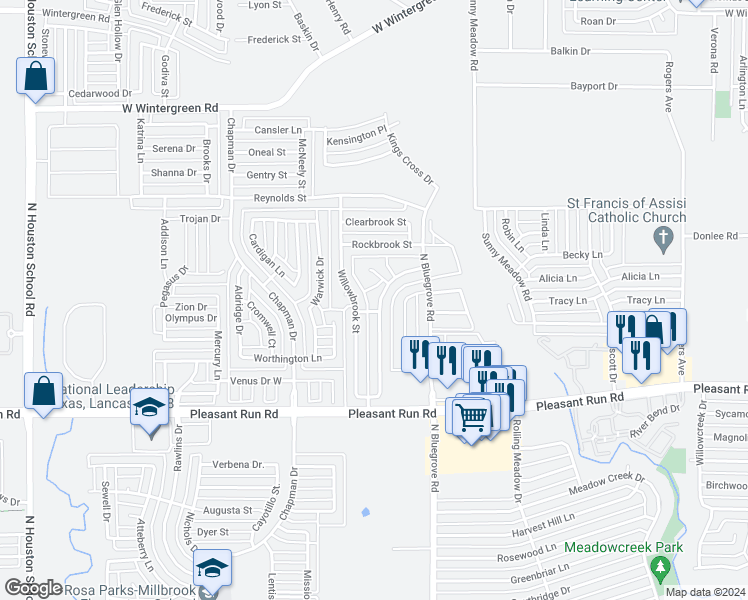 map of restaurants, bars, coffee shops, grocery stores, and more near 1519 Oakbrook Street in Lancaster
