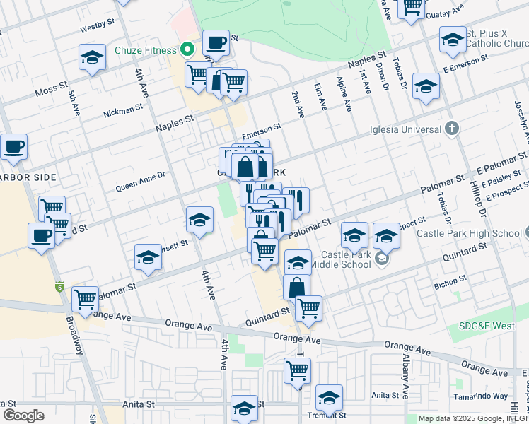 map of restaurants, bars, coffee shops, grocery stores, and more near 3RD Lane Avenue in Chula Vista