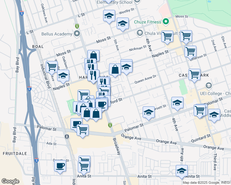 map of restaurants, bars, coffee shops, grocery stores, and more near 550 Oxford Street in Chula Vista