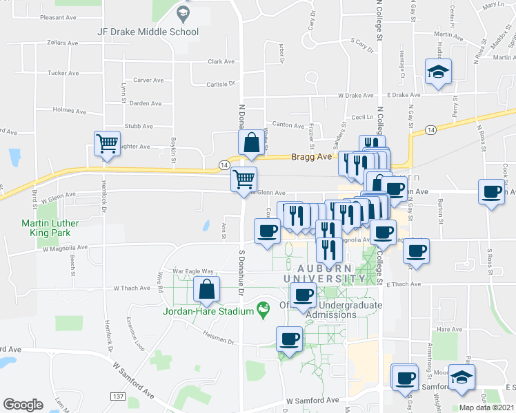 map of restaurants, bars, coffee shops, grocery stores, and more near 149 Cox Street in Auburn