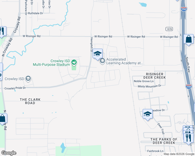 map of restaurants, bars, coffee shops, grocery stores, and more near 10020 Kudu Drive in Crowley