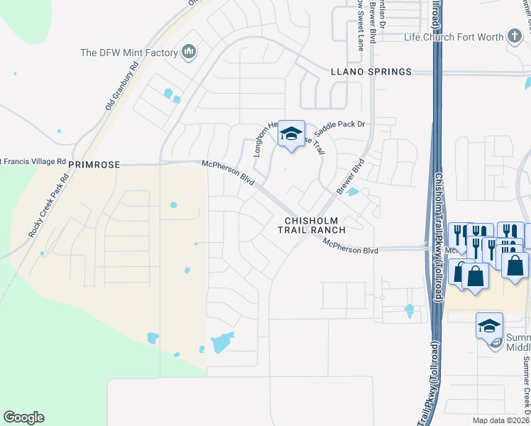 map of restaurants, bars, coffee shops, grocery stores, and more near McPherson Boulevard in Fort Worth
