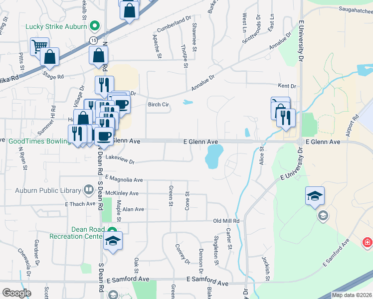 map of restaurants, bars, coffee shops, grocery stores, and more near 1136 East Glenn Avenue in Auburn