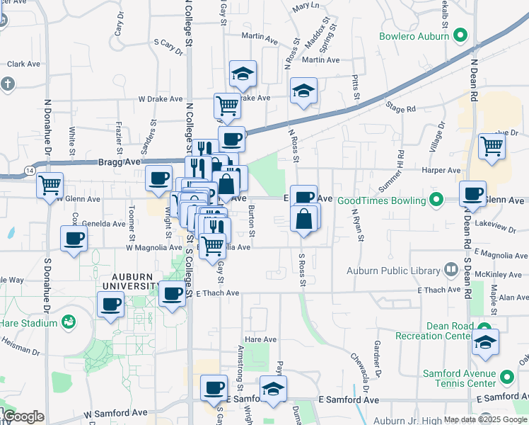 map of restaurants, bars, coffee shops, grocery stores, and more near 328 East Glenn Avenue in Auburn