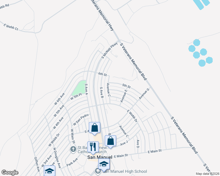 map of restaurants, bars, coffee shops, grocery stores, and more near 201 East 5th Place in San Manuel