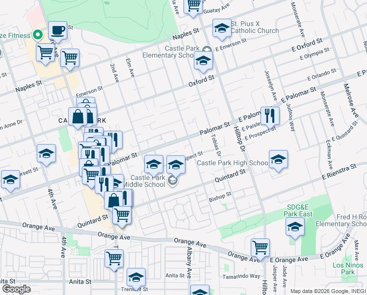 map of restaurants, bars, coffee shops, grocery stores, and more near 1312 1st Avenue in Chula Vista