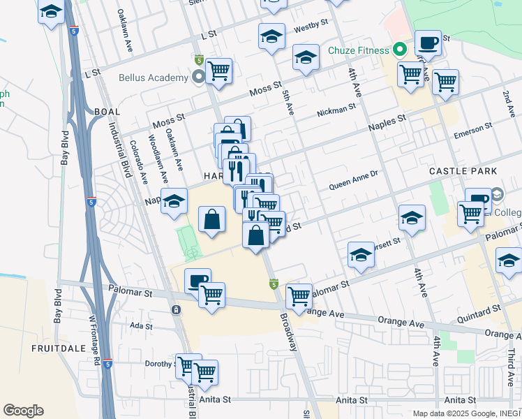 map of restaurants, bars, coffee shops, grocery stores, and more near 1177 Broadway in Chula Vista