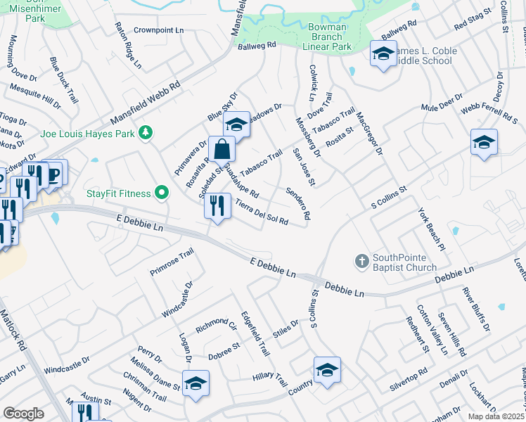 map of restaurants, bars, coffee shops, grocery stores, and more near 8135 Tierra Del Sol Road in Arlington
