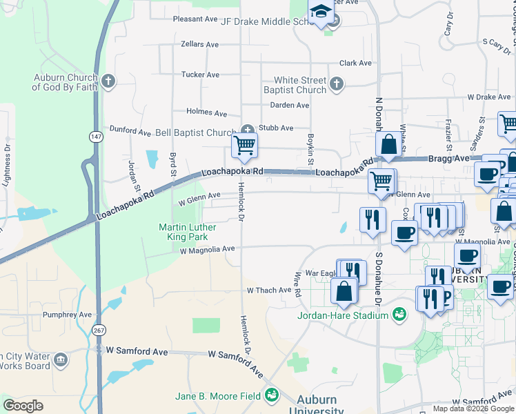map of restaurants, bars, coffee shops, grocery stores, and more near 733 West Glenn Avenue in Auburn