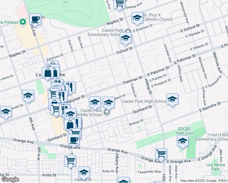 map of restaurants, bars, coffee shops, grocery stores, and more near 1312 1st Ave in Chula Vista