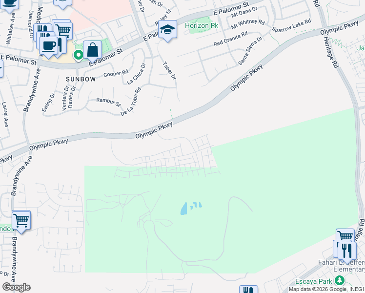 map of restaurants, bars, coffee shops, grocery stores, and more near Olympic Parkway in Chula Vista