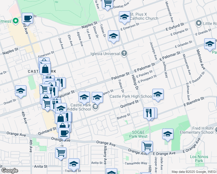 map of restaurants, bars, coffee shops, grocery stores, and more near 1325 1st Avenue in Chula Vista