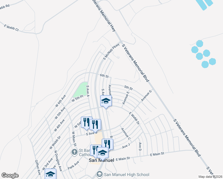 map of restaurants, bars, coffee shops, grocery stores, and more near 201 East 5th Place in San Manuel