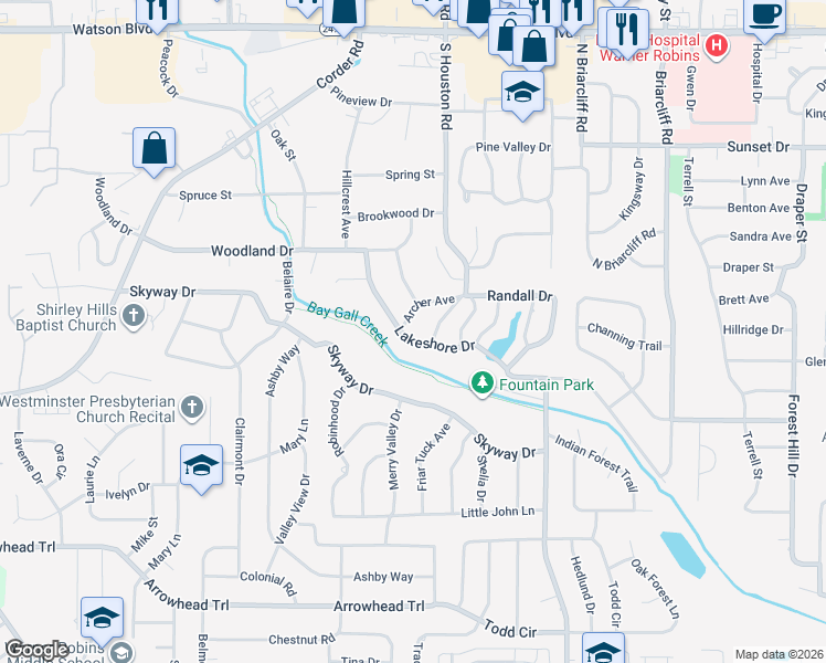 map of restaurants, bars, coffee shops, grocery stores, and more near 306 Lakeshore Drive in Warner Robins