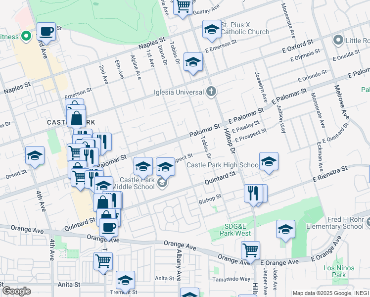 map of restaurants, bars, coffee shops, grocery stores, and more near 1325 1st Avenue in Chula Vista