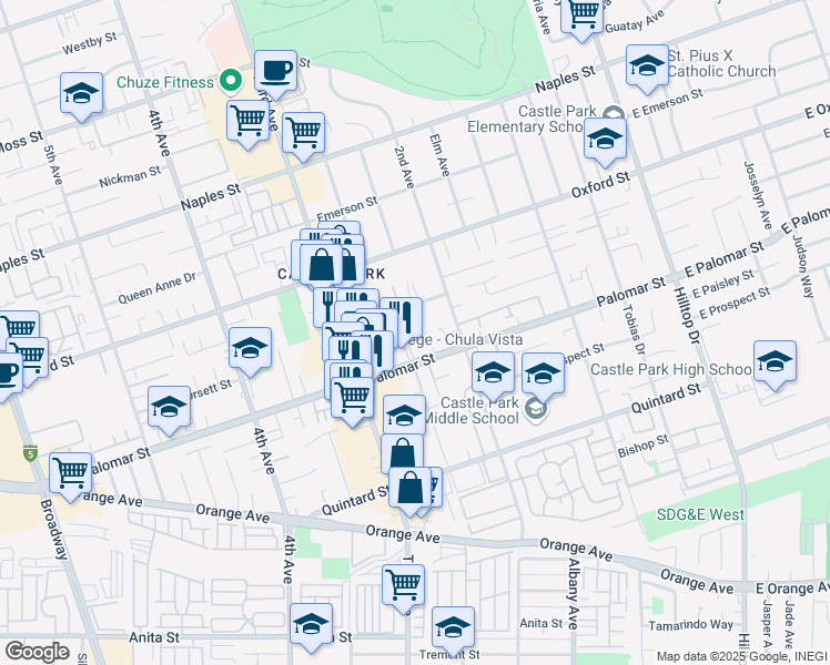 map of restaurants, bars, coffee shops, grocery stores, and more near 250 Kennedy Street in Chula Vista