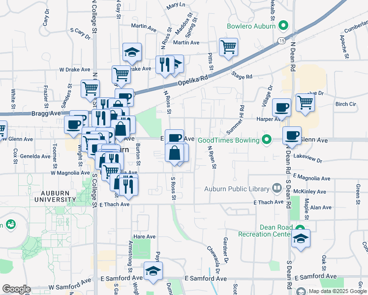 map of restaurants, bars, coffee shops, grocery stores, and more near 160 North Ross Street in Auburn