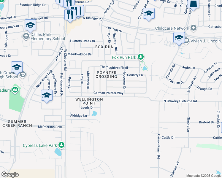 map of restaurants, bars, coffee shops, grocery stores, and more near 4005 Irish Setter Drive in Fort Worth