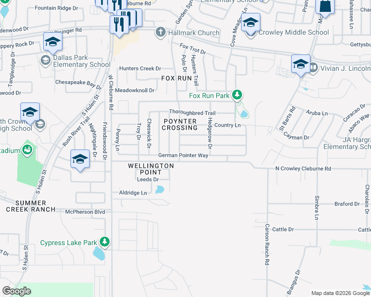 map of restaurants, bars, coffee shops, grocery stores, and more near 4005 Irish Setter Drive in Fort Worth