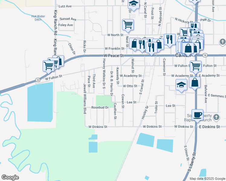 map of restaurants, bars, coffee shops, grocery stores, and more near 351 Doctor R. B. Harris Drive in Canton