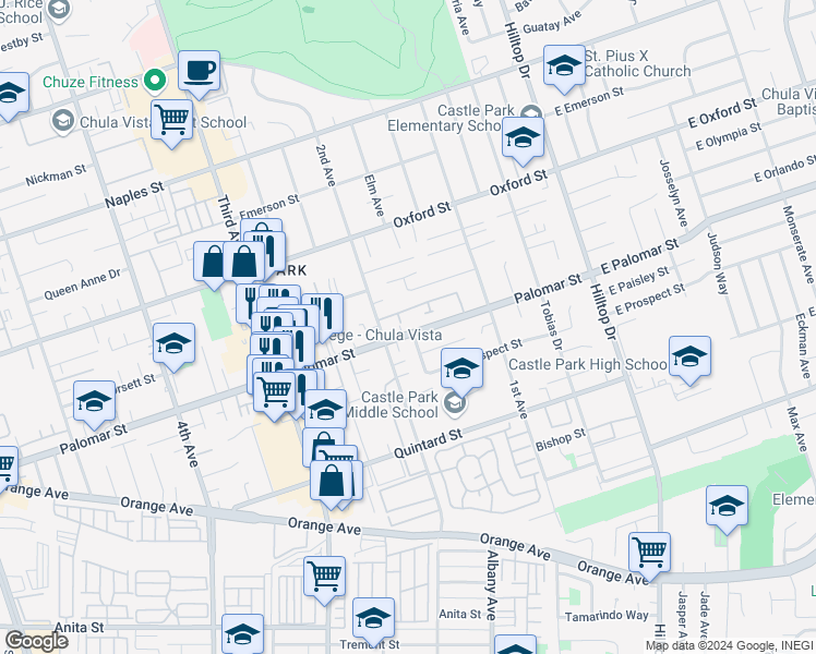 map of restaurants, bars, coffee shops, grocery stores, and more near 5 Palomar Street in Chula Vista