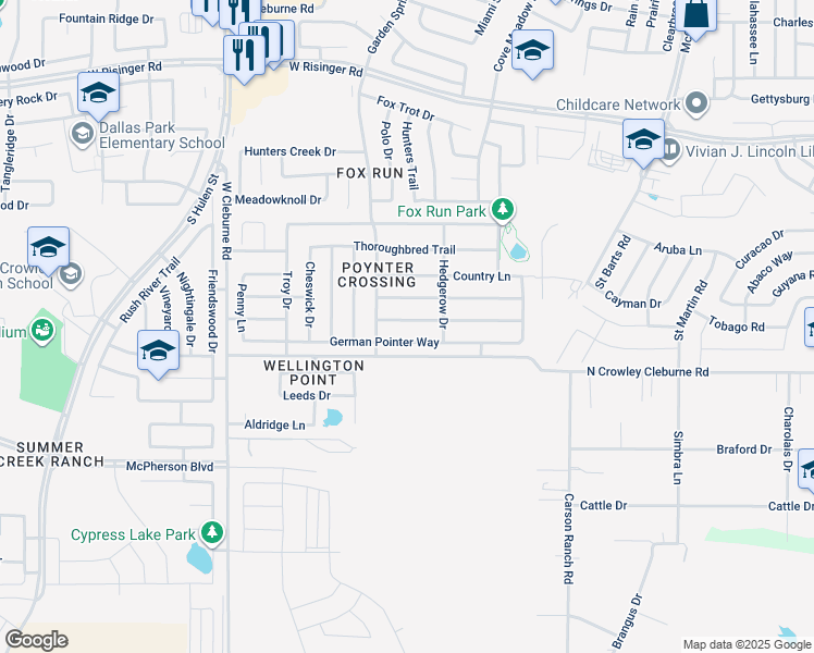 map of restaurants, bars, coffee shops, grocery stores, and more near 4005 Irish Setter Drive in Fort Worth