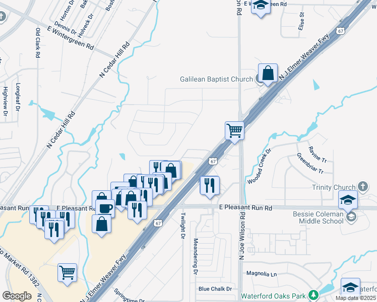 map of restaurants, bars, coffee shops, grocery stores, and more near 1018 Vedral Place in Cedar Hill