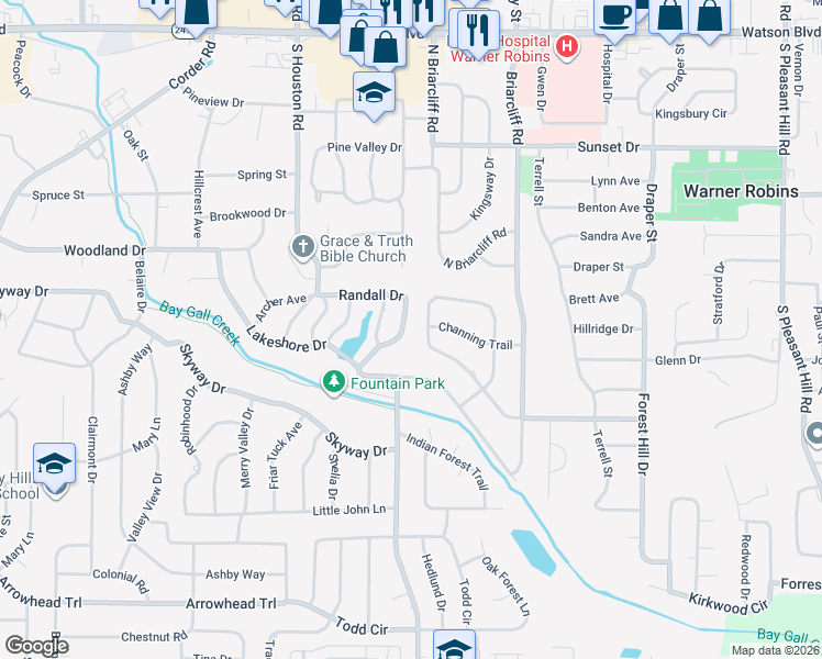 map of restaurants, bars, coffee shops, grocery stores, and more near 224 Randall Drive in Warner Robins