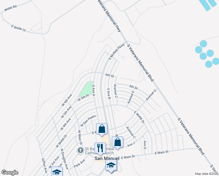map of restaurants, bars, coffee shops, grocery stores, and more near 218 South Avenue B in San Manuel