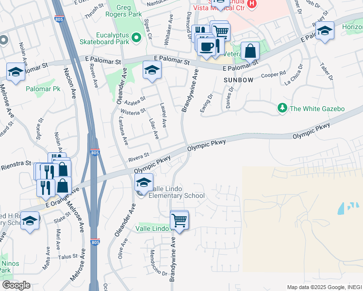 map of restaurants, bars, coffee shops, grocery stores, and more near 690 Rivera Street in Chula Vista