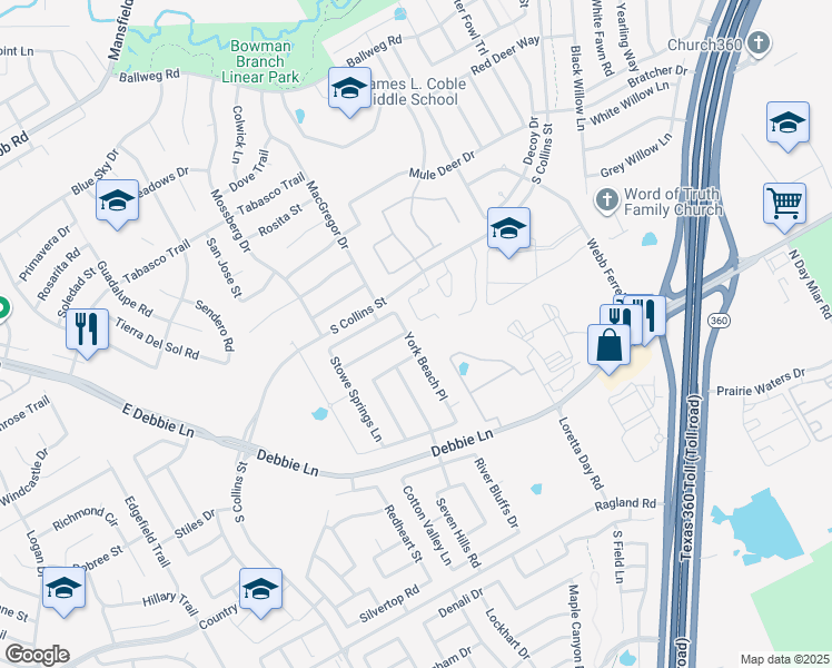 map of restaurants, bars, coffee shops, grocery stores, and more near 8015 York Beach Place in Arlington