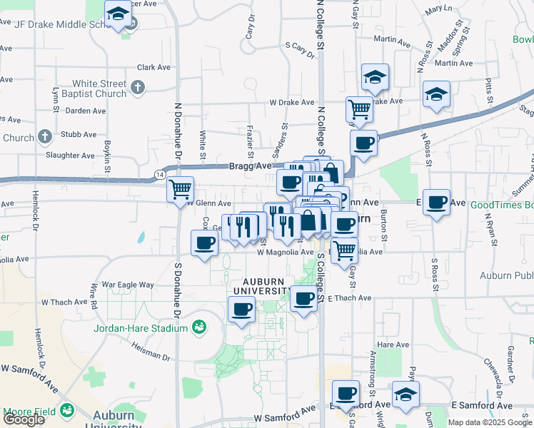 map of restaurants, bars, coffee shops, grocery stores, and more near 150 Toomer Street in Auburn