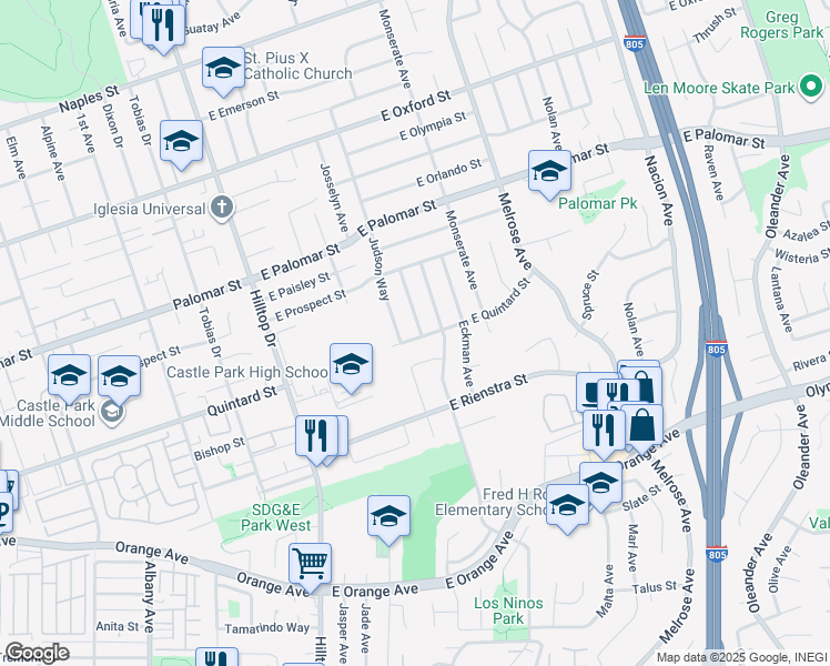 map of restaurants, bars, coffee shops, grocery stores, and more near 1398 Theresa Way in Chula Vista
