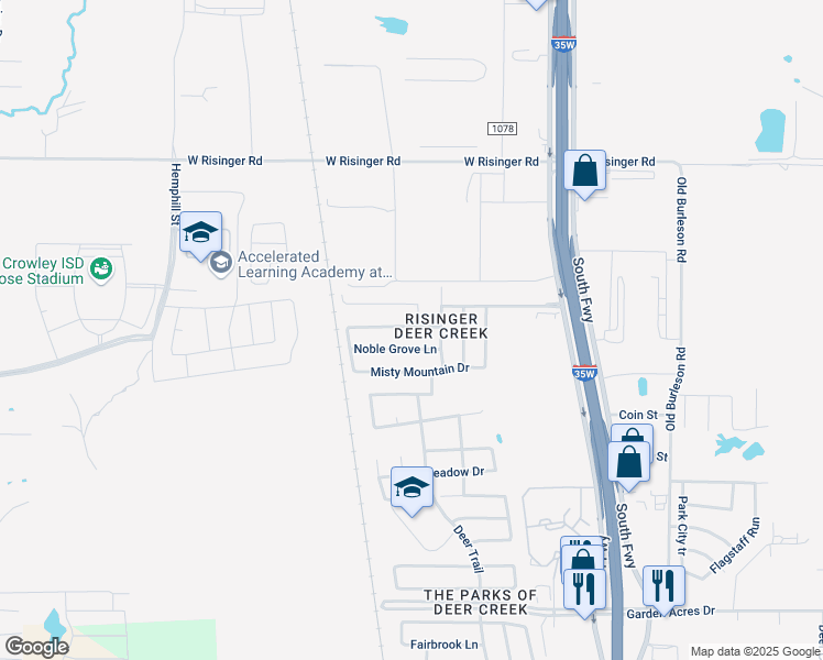 map of restaurants, bars, coffee shops, grocery stores, and more near 525 Hidden Dale in Fort Worth