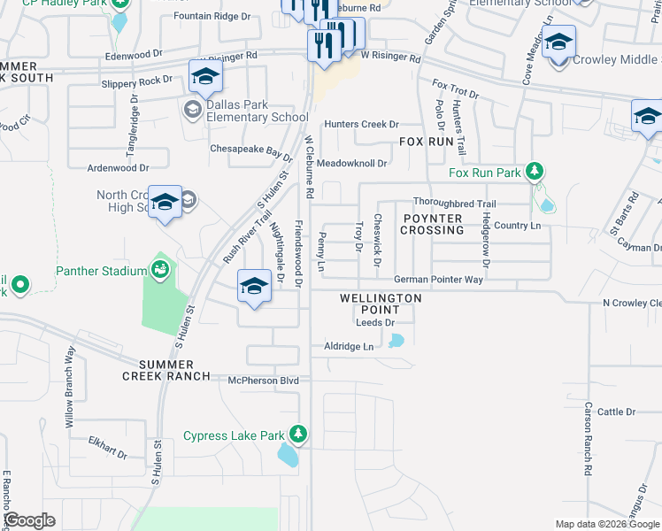 map of restaurants, bars, coffee shops, grocery stores, and more near 4321 Mayberry Lane in Fort Worth