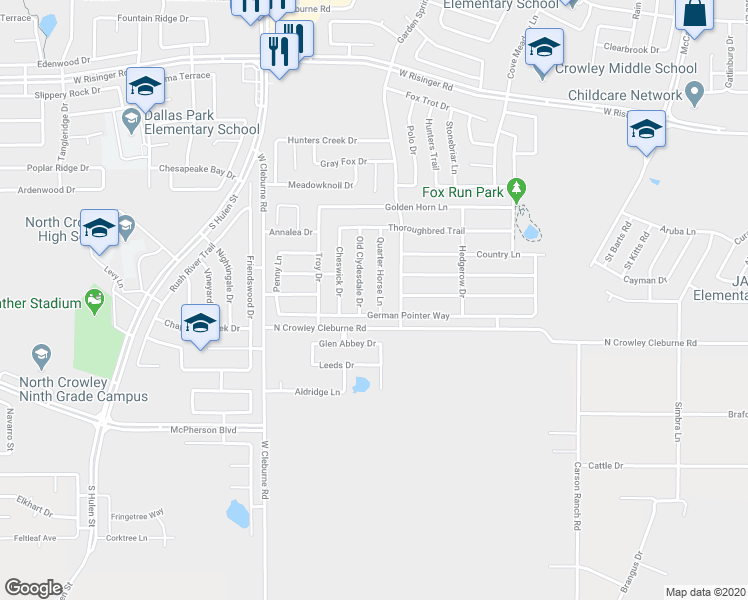 map of restaurants, bars, coffee shops, grocery stores, and more near 9204 Quarter Horse Lane in Fort Worth
