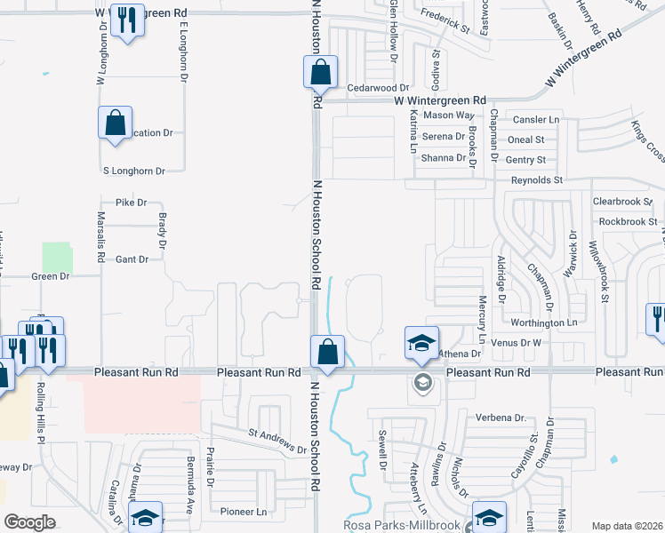map of restaurants, bars, coffee shops, grocery stores, and more near 1670 North Houston School Road in Lancaster