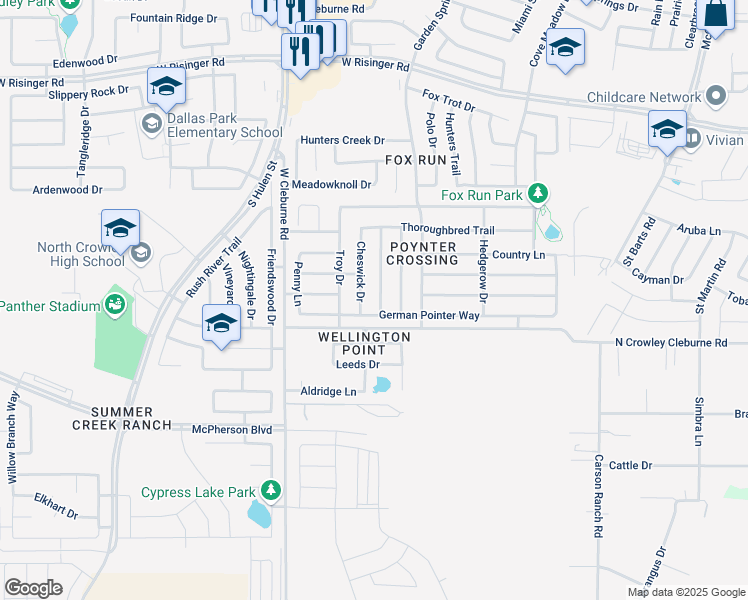 map of restaurants, bars, coffee shops, grocery stores, and more near 9204 Old Clydesdale Drive in Fort Worth