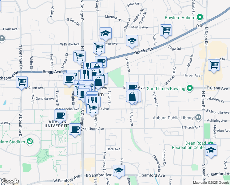 map of restaurants, bars, coffee shops, grocery stores, and more near 328 East Glenn Avenue in Auburn