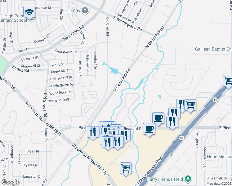 map of restaurants, bars, coffee shops, grocery stores, and more near 990 North Cedar Hill Road in Cedar Hill