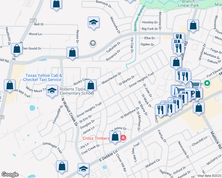 map of restaurants, bars, coffee shops, grocery stores, and more near 3007 Saint Lynda Drive in Mansfield
