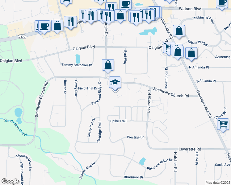 map of restaurants, bars, coffee shops, grocery stores, and more near 250 Smithville Church Road in Warner Robins