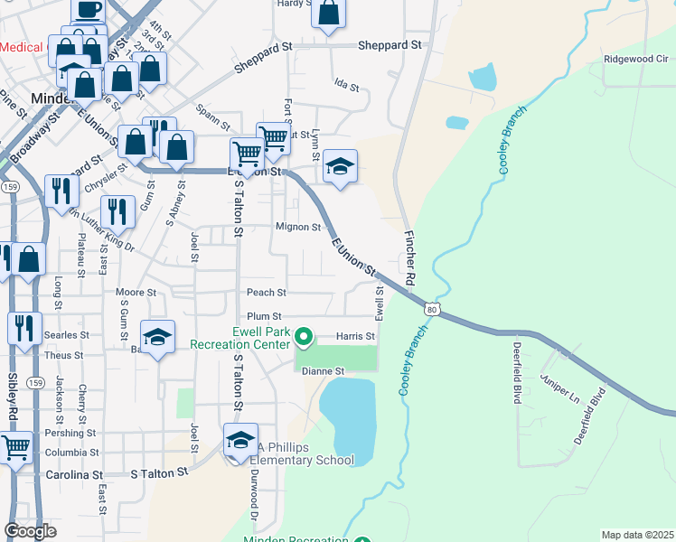 map of restaurants, bars, coffee shops, grocery stores, and more near 912 Warren Street in Minden