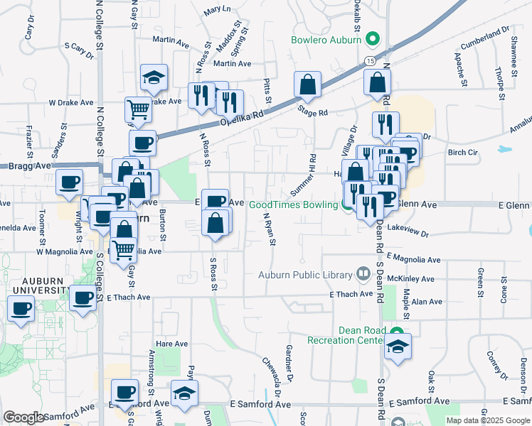 map of restaurants, bars, coffee shops, grocery stores, and more near 129 North Ryan Street in Auburn