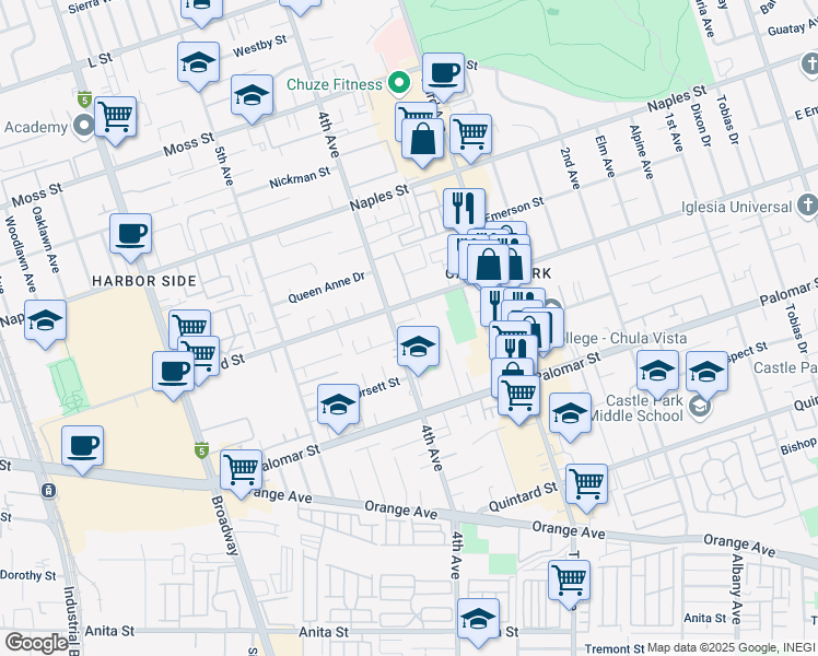 map of restaurants, bars, coffee shops, grocery stores, and more near 1211 4th Avenue in Chula Vista